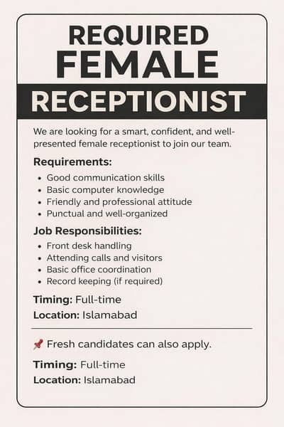 Female Receptionist required