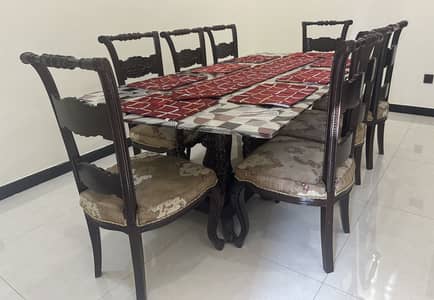 8 Wooden Chairs with Glass Dinning Table