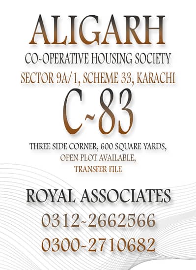 THREE SIDE CORNER 600 SQY PLOT ALIGARH SOCIETY SECTOR 9A1 SCHEME 33 KARACHI