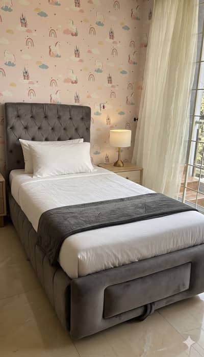New Single Wooden Grey Bed | Velvet Poshih Done | Condition 10/10