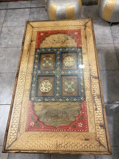 Hand carved swati table pure wood and hand painted design