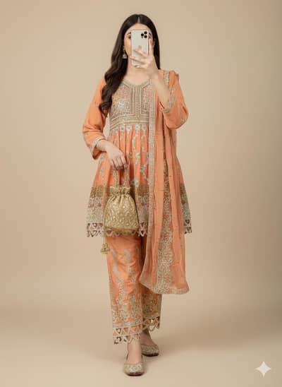 Peach Embroidered 3 Piece Suit with Dupatta.
