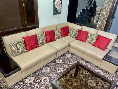 Elegant Beige L-Shape Leather Sofa Set 6 seater