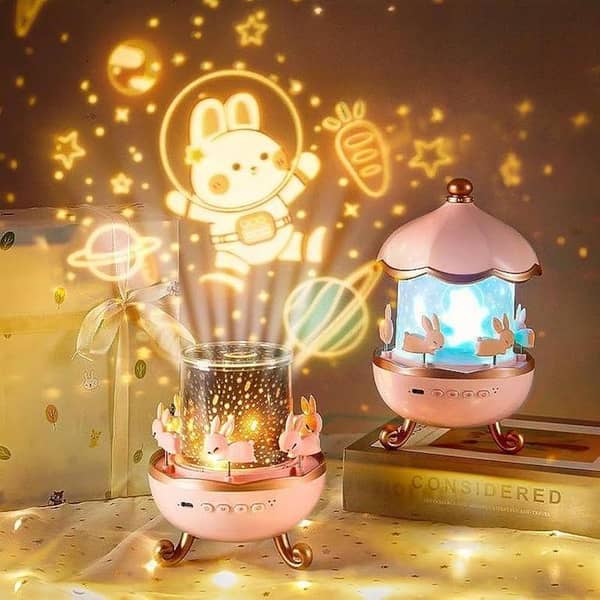 Original Bunny 's Carousel 360° Rotating LED Night Light Projector Lamp with Bluetooth Speaker for Kids & Home Decor - 3 in 1 Projector, Night Light & Music Player