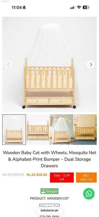Wooden Baby Cot with Wheels, Mosquito Net – Dual Storage Drawers