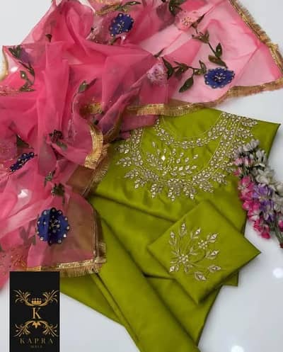 3 Pcs Women's Unstitched Katan Silk Mirror Work Suit