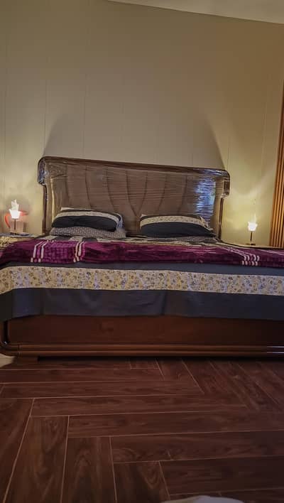 beautiful bed, side tables, dressing table long mirror with storage