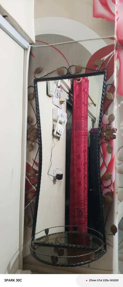 Vintage Wrought Iron Wall Mirror with Integrated Storage Shelf