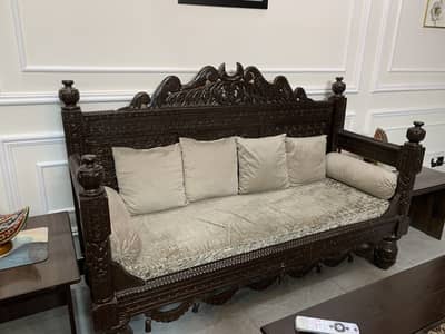 Antique Style Hand-Carved Wooden Dewan with Cushions