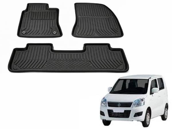Suzuki Wagon R 2014–2023 Universal Custom Fit Floor Mats | 3 Pcs Black Rubber Coated | Waterproof & Anti-Slip