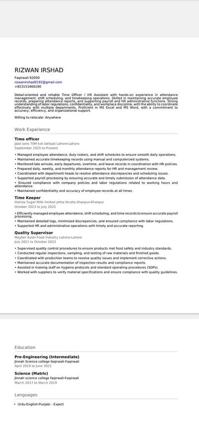 Experienced Timekeeper & HR Time Officer – Immediate Join