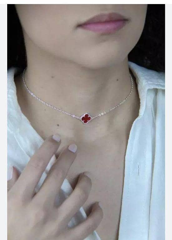 Silver Plated Red Double-Sided Clover Necklace Choker for Women