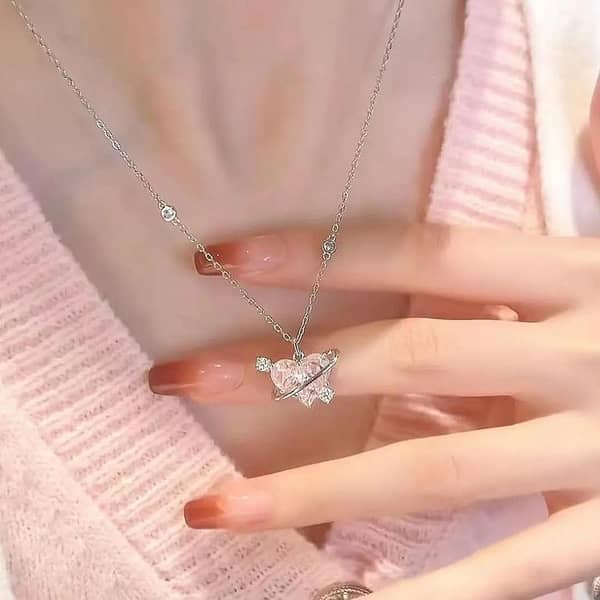 Fashion Punk Chain Necklace with Y2K Crystal Pink Zircon Heart Pendant for Women