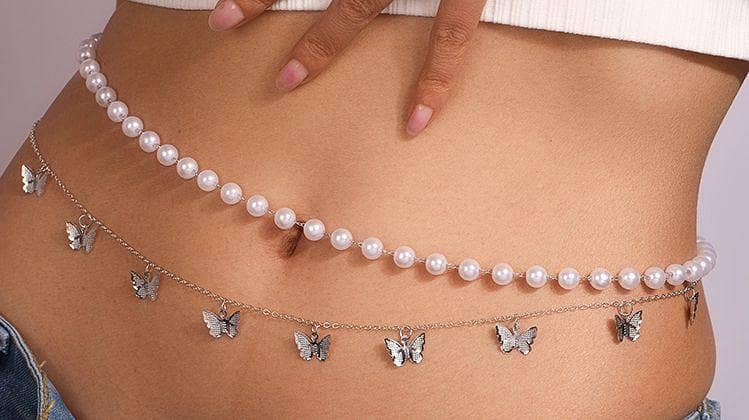 2-Layer Sweet & Cool Faux Pearl Butterfly Waist Chain with Tassel (Silver) - Double-Layer Waist Jewelry