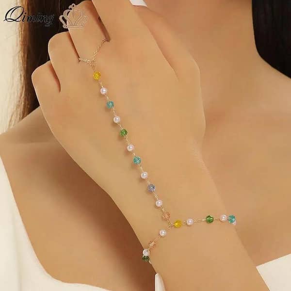 Colorful Beads Chain Bracelet with Hand and Finger Rings for Women