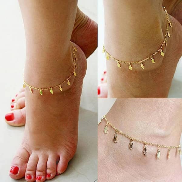 Anklet (Pair) Simple Golden Tone Leaf Pendant Ankle Bracelet Chain for Women