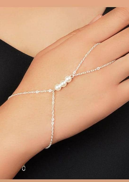 Boho Hand Chain Pearl Bracelet for Women — Stainless Steel Finger Chain Ring Jewelry