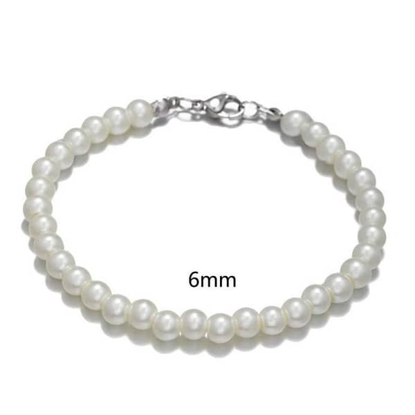 6/8/10mm White Glass Pearl Bracelets – Resin Bangles, Handmade Elastic Beads Bracelet for Women and Men