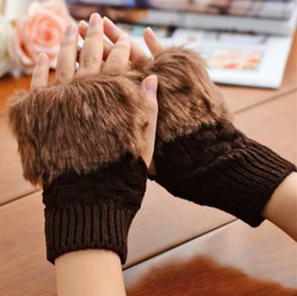 New Arrival: Coffee-Coloured Fingerless Gloves in Plush Faux Fur for Women