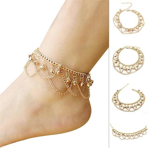 New 1 Pair Tassel Chain Bells Pendant Anklet in Gold Tone for Women and Girls