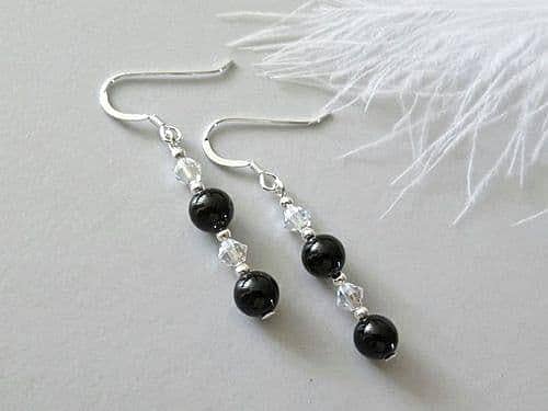 Black pearl and crystal & sterling silver earrings
