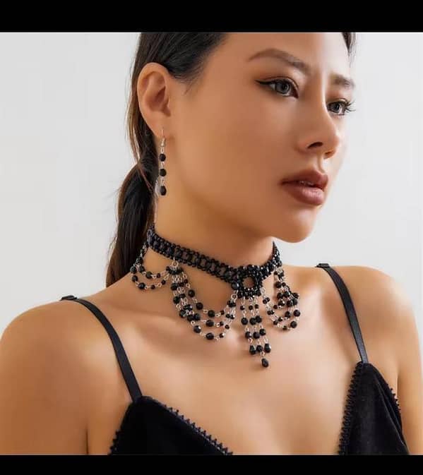 Black Crystal Tassel Pendant Necklace Drop Earrings for Women 2024 Trend Vintage Clavicle Chain Jewelry Set New