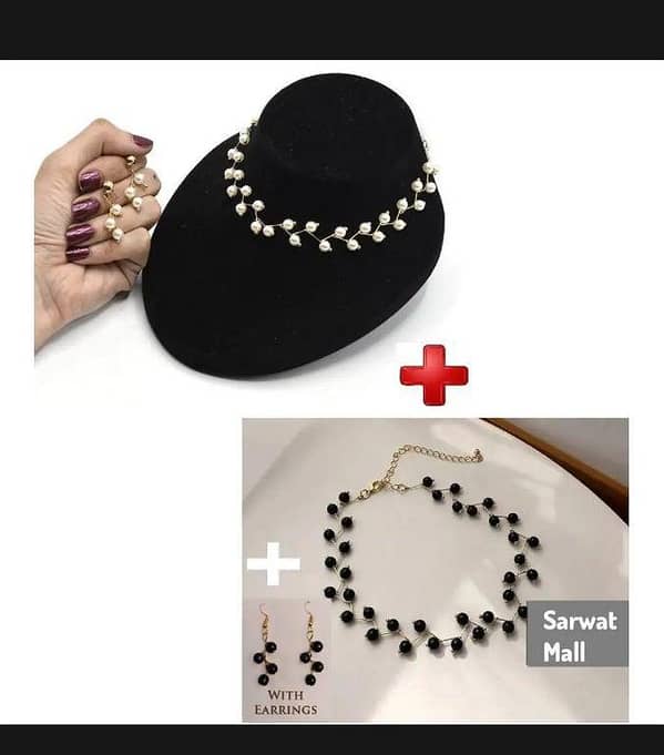 Set of 2 Zig Zag Necklaces In White & Black With Beautiful and Charming Earrings