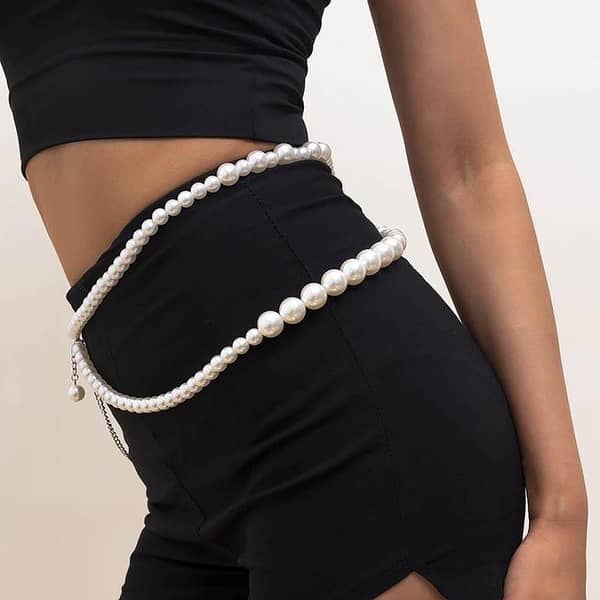 Women’s Elegant Imitation Pearl Waist Chain – Double Layer Bead Shell Metal Belt