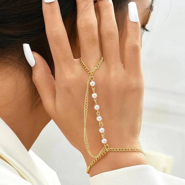 Golden Karha Hand Harness Bracelet for Women with Pearl Beads