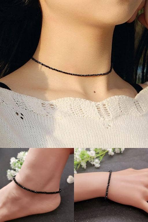 Set Of 3 Black crystal beads jewellery set for women silver color necklace bracelet & anklet