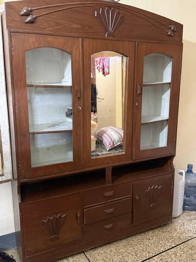 Strong wood show case and mirror with draws  and small wood table all