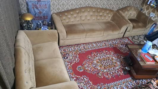 7 Seater Luxury Velvet Sofa Set with Center Table – Golden Color