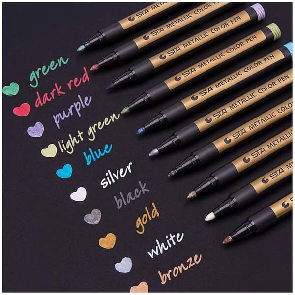Metallic Marker Pen Set (8 Pcs) with Fine Tip – STA 6551, Includes White, Blue, Olive, Green, Pink, Silver, Gold, Purple, Grey, Brown