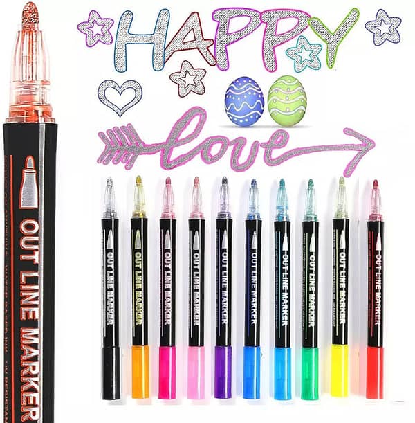 48 Colors Double-Line Metallic Glitter Markers Set – 12 Outliners with Dual Tips for Art and Craft
