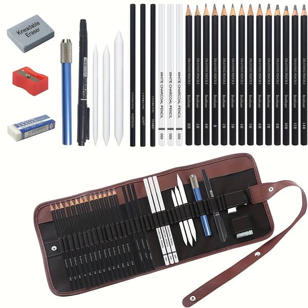 28-Piece Professional Sketching & Drawing Art Set with Graphite Pencils, Charcoal Sticks, Erasers, Sharpeners, Blending Tools in Durable Art Case