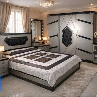 Modern Grey & Black Bedroom Set-Bed,wardrobe, Dressing Table & divider