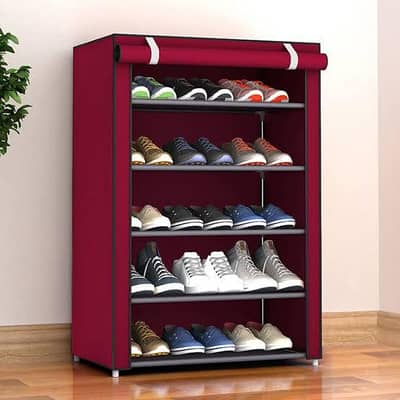 A 5-layer wardrobe shoe rack is a vertical,