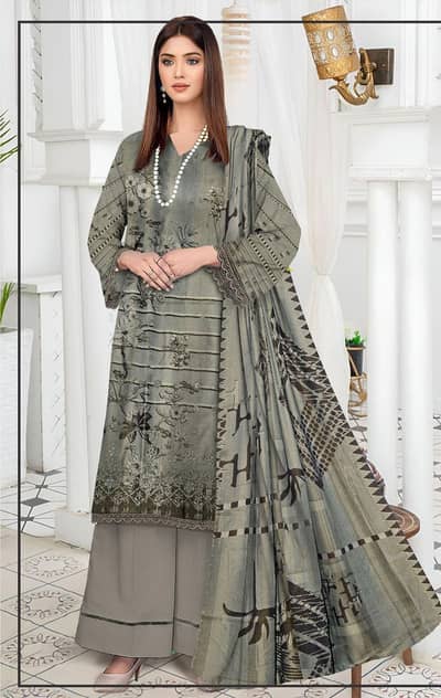 Stunning 3 Pcs Grey Embroidered Suit with Printed Trouser and Dupatta