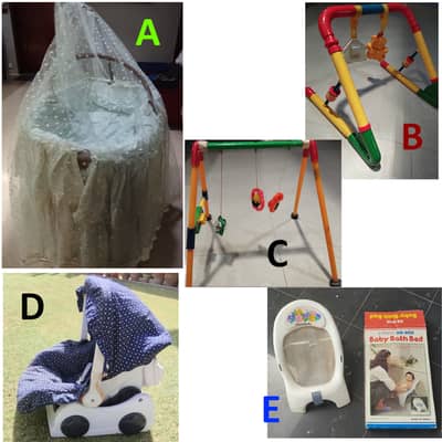 Baby items: Cane cot, 2 Play gyms, Carry cot, Bath bed. . . NO DELIVERY