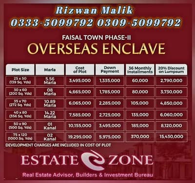 Faisal Town Phase-2 Overseas Enclave 2 A golden opportunity to own a plot in one of the fastest growing overseas blocks! Ideal for both living and investment.   Plot Size: 25x50 (5 Marla)  Down Payment: PKR 1,335,000  36 Monthly Installments: PKR 60,000 per month  Prime location within Overseas Enclave 2  Rapidly developing area  Secure and profitable investment opportunity  Perfect for overseas Pakistanis & investors Invest today for a better tomorrow!