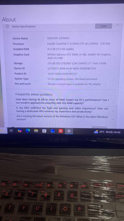 Asus ka Gaming laptop core i7/4 16/256 4Gb card