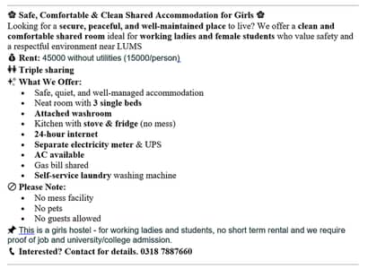 safe n clean shared room for Girls 15000/person