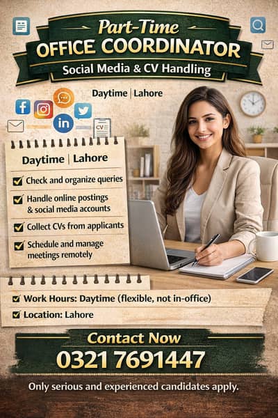 Office Coordinator / Social Media & CV Handling – Lahore