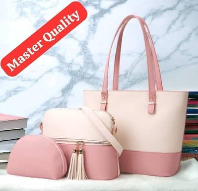 Stylish Girls Rexine Handbag Set - 3 Pcs Pink 