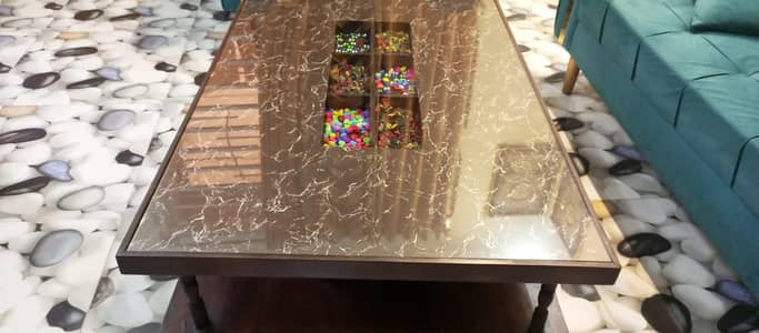 Wooden Center Table - Top Marble Design with lockable tyres