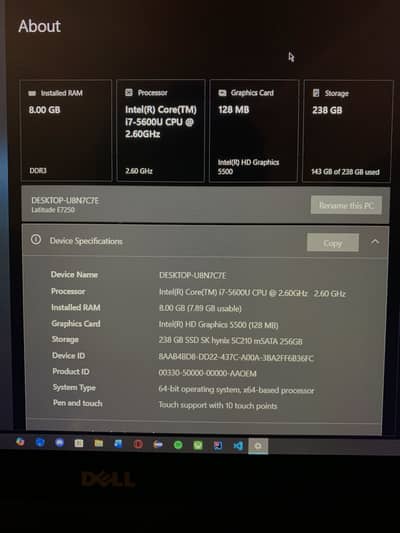 Dell Latitude E7250 i7, 1440p touch panel, 8gb RAM 256gb samsung SSD