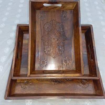 premium handcrafted wooden 3 tray set with Elegant brass working