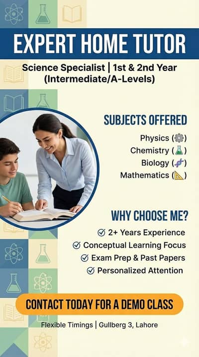 Expert Home Tutor for 1st & 2nd Year Science (2+ Years Exp)