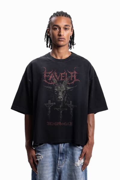 GOAT BOXY DISTRESSED BLACK WASHED T-SHIRT