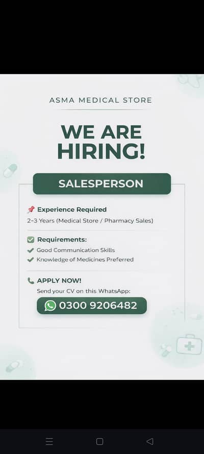 sales person required at medical store
